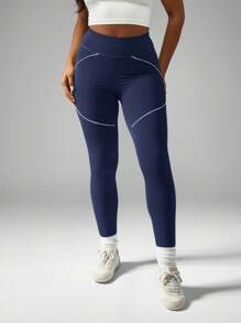 MISSGUIDED High Waist Compression Sports Leggings With Curved Panel Details Ultra Soft Performance Yoga Running Fitness Workout Pants - Navy Blue - View 7