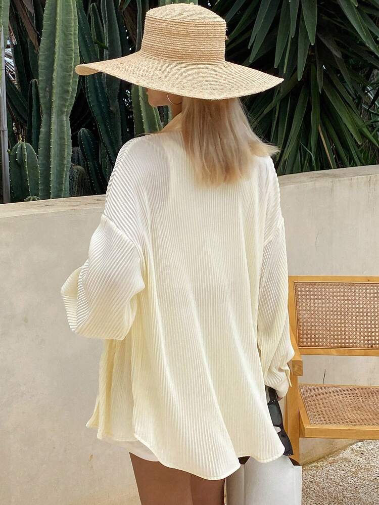 Women's Pleated Loose Casual Shirt, Beige Vacation Long Sleeve