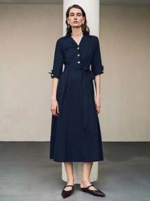 Uhlyne Uhlyne Women's Commuter Chic Linen Blouse Dress, Shirt Dress,3/4 Sleeve,Navy Blue,Easy Care,Autumn,Minimalist,Work Wear,Teacher Outfits,Back To School,Fall ,Neutral Clothes,Business Casual,Old Money Style Summer Dress