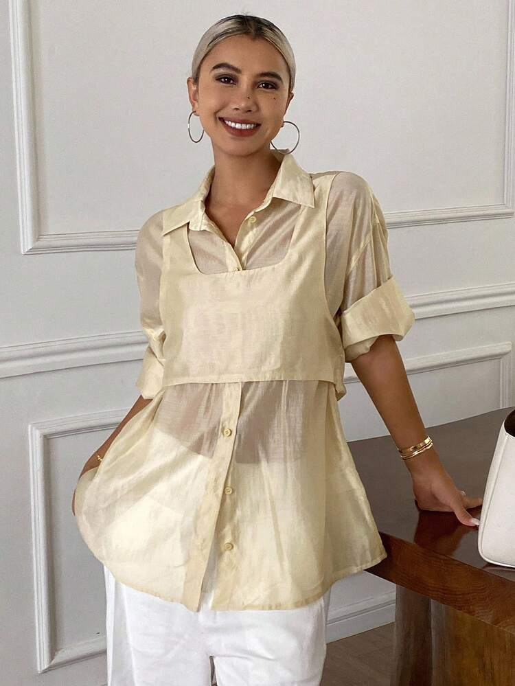 2pcs Women Casual Loose Solid Color Sleeveless Tank Top And Collared Long Sleeve Shirt Set, Autumn,Fall Women Clothes