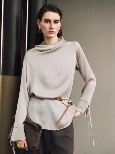 Uhlyne 女式休闲纯色宽松垂坠领长袖系带细节纹理缎面衬衫，秋季