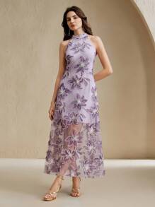 Anewsta 夏季优雅女士针织网眼刺绣白色撞色高端定制挂脖黑色连衣裙 - 淡紫色 - 查看 5