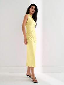 Maija Women's Sleeveless Stand Collar Asymmetric Ruched Design Dress, Urban Commute Business Casual Office Wear, Elegant Teacher Outfit, Suitable For Halloween, Christmas, Party - Yellow - View 7