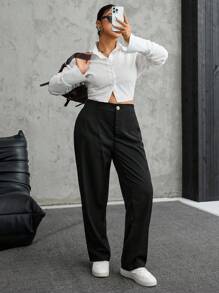 SHEIN EZwear Pantalones rectos de talle alto