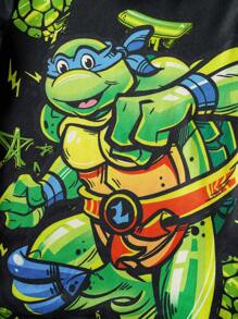 TEENAGE MUTANT NINJA TURTLES | SHEIN Young Boy Cartoon Turtle Pattern Black Tight-Fitting Long Sleeve T-Shirt & Pants Casual Pajama Set - Multicolor - View 4