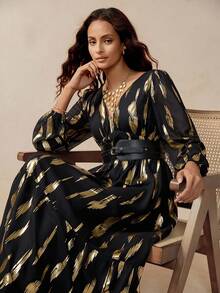 Florisole Women's Elegant Flowy Gold Foil Brush Lantern Sleeve Dress Black And Gold Maxi Dress Long Black Dress With Gold Print Fall Cloth For Women