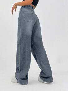 EURMUSE 100% Cotton HIGH RISE WIDELEG FIT VINTAGE WASH WOMEN BAGGY JEANS - Light Wash - View 2