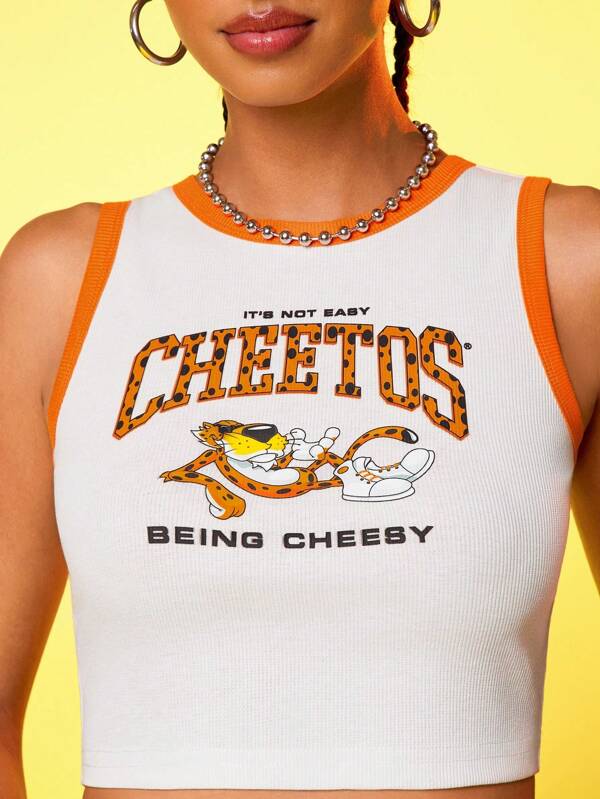 Cheetos X SHEIN Top corto ajustado de mujer con estampado de letras y dibujos animados con ribete de color contrastante