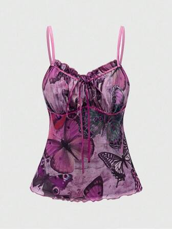 Fairycore Damen Vintage Schmetterlingsmuster Trägerhemd für den Sommer