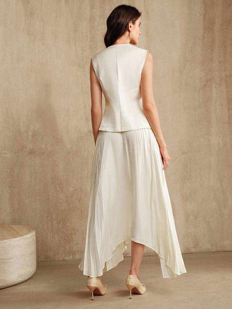 Anewsta Elaire 2pcs Women Elegant Beaded Floral V-Neck Vest And Asymmetrical Hem Skirt Set, Summer