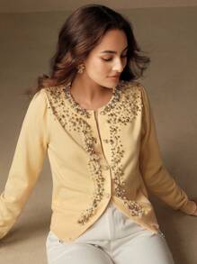 Anewsta Embellished Elegant High-Quality Beaded Yellow Cardigan - Beige - View 4