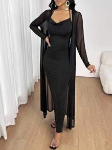 SHEIN Lady All Seasons Black Suit Long Sleeve Robe & V-Neck Dress Elegant 2 Pieces Set Elegant 2 Piece Set Mesh Two Piece Set 2 Piece Dress Set