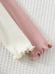 Cozy Pixies 4pcs/Set Baju Bayi Perempuan Rajut Warna Polos Lembut Leher Bulat Lengan Panjang Atasan dan Celana Panjang Pinggang Elastis Set Bayi Perempuan Bergaris Hangat - Aprikot - View 3