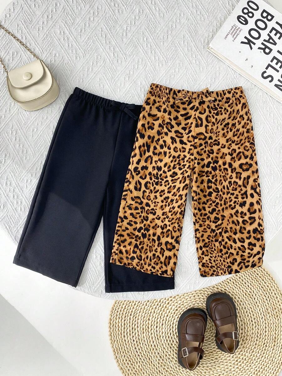 SHEIN 2pcs Set: Loose Casual Leopard Print Wide Leg Pants And Solid Black Wide Leg Pants - Multicolor - View 1