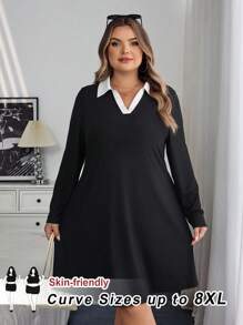 SHEIN CURVE+ Curves 大码/学校服装/返校服装/返校休闲百搭撞色领大码连衣裙大码长袖连衣裙大码工作服 8xl 女装大码黑色连衣裙女式大码连衣裙秋季女士服装、冬季、CURVE PLUS - 黑色 - 查看 9
