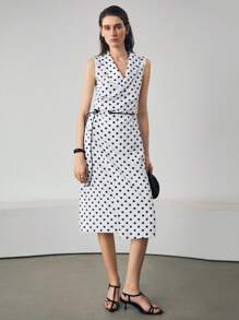 Uhlyne 优雅波尔卡圆点印花复古风格 V 领无袖修身直筒休闲连衣裙，时尚夏季新品 - 白色 - 查看 3