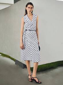 Uhlyne 优雅波尔卡圆点印花复古风格 V 领无袖修身直筒休闲连衣裙，时尚夏季新品 - 白色 - 查看 7