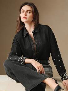 Anewsta Áo sơ mi denim đính đá Rhinestone thời trang giản dị cho nữ - màu đen - Xem 7