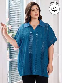 Lacomfia Embroidered Hollow Out Fashionable Loose Comfortable Turndown Collar Batwing Sleeve Versatile Blue Plus Size Shirt - Blue - View 1