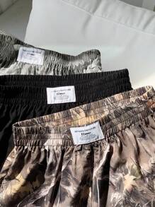 Comfortcana Bộ 3 quần short dáng rộng in họa tiết cành cây và màu trơn cho nữ - Xám - Xem 7