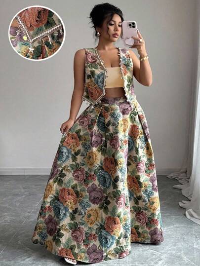 Elenzga 2pcs/Set Women Plus Size Shell Decorated Open Front Blouse + Embroidered Skirt