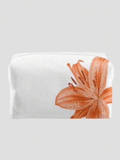 Kawaii Orange Lily Flower Pattern Velvet Makeup Bag On White Background