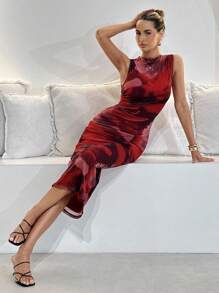 Lavishia 红色抽象印花无袖紧身腰连衣裙，适合夏季 - 彩色 - 查看 8