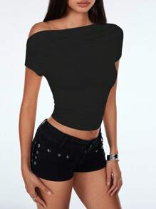 TRNVIE Tricou decupat pentru femei cu umeri oblici - Negru - Vizualizare 3