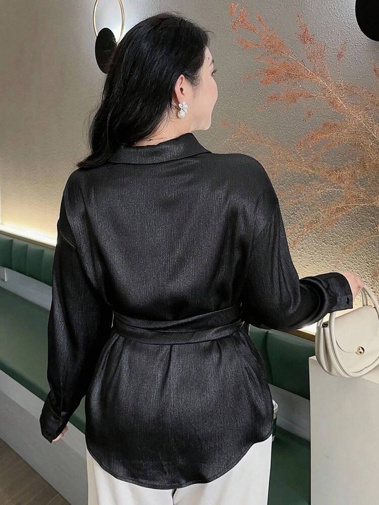 Dazy Plus Black Solid Color Turn-Down Collar Tie Waist Long Sleeve Shirt, Plus Size For Women, Spring & Autumn