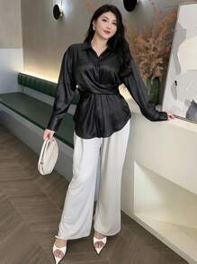 Dazy Plus 黑色纯色翻领系腰长袖衬衫，加大码，适合春秋季女士 - 黑色 - 查看 3