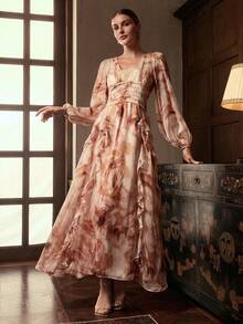 ZEYLAH Đầm Maxi Tay Dài Cổ Chữ V Eo Ruffle Viền Dài Thanh Lịch - Nhiều màu - Xem 6