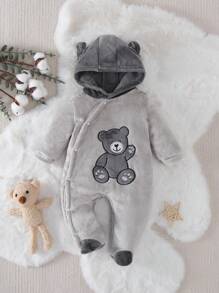 婴幼儿男童休闲可爱小熊印花长袖连帽连体衣