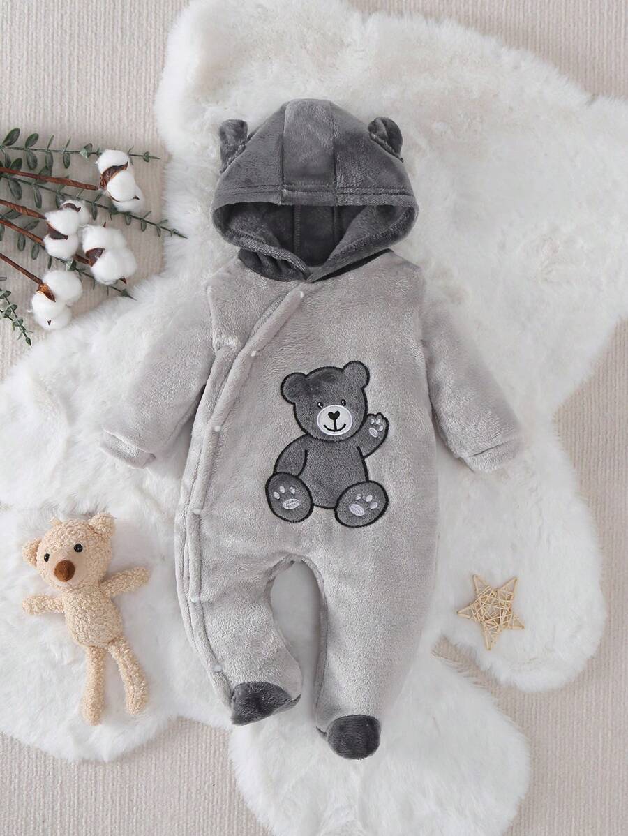 婴幼儿男童休闲可爱小熊印花长袖连帽连体衣