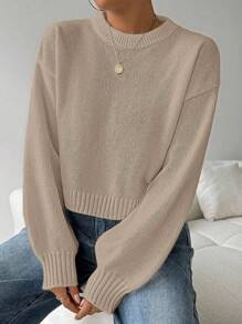 EMERY ROSE Women's Solid Color Simple Casual Crew Neck Long Sleeve Sweater Knit Pullover Fall Winter - Khaki - View 3