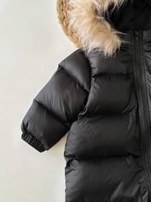 SHEIN 女婴拼接毛绒连帽衫 束腰冬季夹克 - 黑色 - 查看 4