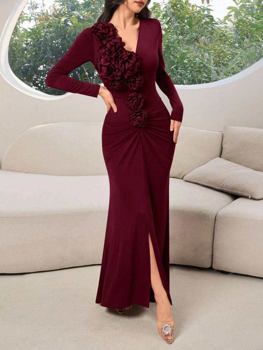 Modelyn 女士优雅超长连衣裙，3D 花卉装饰，纯色长袖开衩下摆