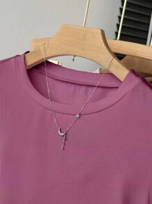 INAWLY 女式大码休闲时尚腰部收紧短袖T恤夏季 - 中紫紅色 - 查看 3