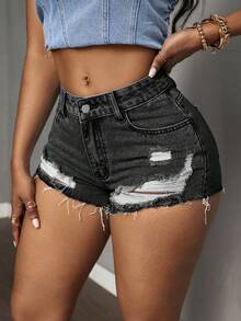 Slaydiva Women Light Grey Distressed Denim Bermuda Shorts Casual Plain Zipper Design Short - Light Grey - View 2