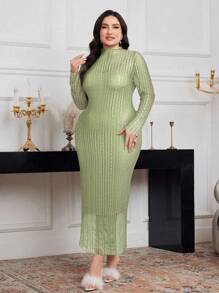 Modelyn Plus Size Elegant Solid Color Lace Dress, Autumn Long Evening Dresses - Green - View 4