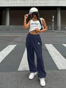 SHEIN EZwear 女士海军蓝色刺绣口袋抽绳腰部休闲运动裤 - 藏蓝色 - 查看 3