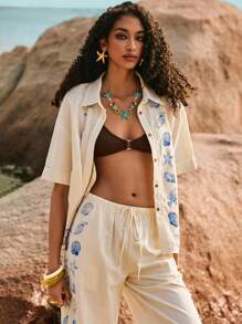 Poéselle 女式夏季海滩贝壳印花纽扣前短袖衬衫