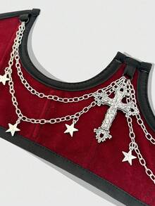 ROMWE Grunge Punk 1pc Women's Burgundy Velvet Material Cross Chain Decor Dark Goth Cross & Pentagram Waist Belt, Versatile For Halloween & Daily Wear - Burgundy - View 3
