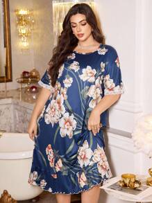 LuxeNights 花卉印花圆领荷叶边袖口加大码睡袍 - 藍色 - 查看 5
