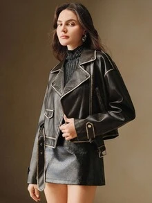 Anewsta 女式翻领领口落肩前拉链腰部按扣休闲机车夹克 - 黑色 - 查看 5