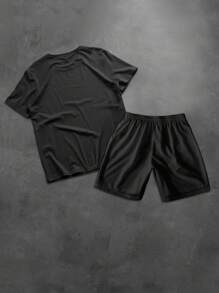 Manfinity Homme 男士字母图案圆领短袖T恤和抽绳腰短裤套装，休闲 - 黑色 - 查看 2