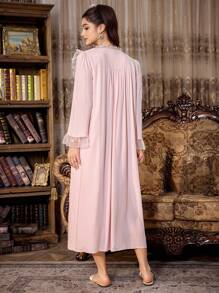 SHEIN 撞色蕾丝系带睡袍和连衣裙睡衣套装，秋季服装 - 淺粉色 - 查看 2