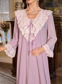 PalaceNights 2pcs Women's Floral Embroidery Splice Satin Long Sleeve Robe And Long Nightgown Pajama Set, Fall Winter Clothes - Purple - View 6