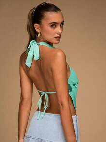 SHEIN BAE 女士时尚休闲性感系带露背背心，夏季 - 薄荷藍 - 查看 2