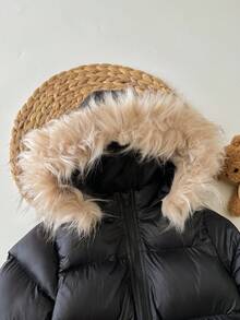 SHEIN 女婴拼接毛绒连帽衫 束腰冬季夹克 - 黑色 - 查看 3