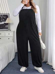 SHEIN CURVE+ Curves Plus Size/Chool Clothes/Back To School Clothes /Back To SchoolPlus Size Women Black Knitted Elastic Fuzzy Ribbed Bib Pants, Suitable For Autumn/Winter Plus Size Jumpsuit 8xl Women Clothes Curvy Jumpsuit Plus Size Overalls 2 Pieces Sets Curvyfall Clothes For Women,Winter,CURVE PLUS